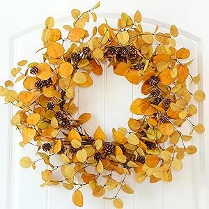 A simple fall wreath to bring warmth to any front door! Small Pine Cones, Front Door Farmhouse, Silk Wreaths, Outdoor Festival, Door Farmhouse, Artificial Eucalyptus, Decorating Videos, Pretty Wreath, Magnolia Leaves