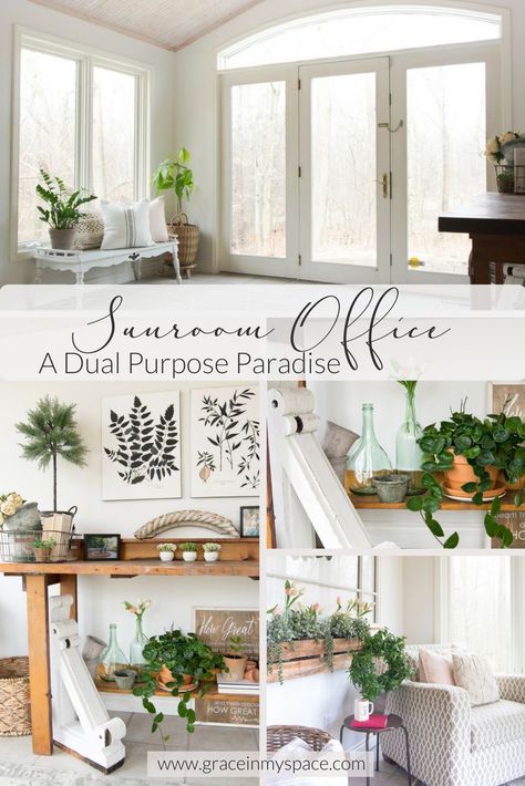 Have you ever needed to carve an office into another space? Today I'm sharing how I made a sunroom office into a dual purpose paradise. A little sun and nature mixed with a little work and modern convenience. Head to the blog for all the details www.graceinmyspace.com. Sunroom Office Combo, Desk In Sunroom, Sunroom With Office Space, Office In Sunroom Ideas, Sunroom Home Office Ideas, Home Office Sunroom, Small Sunroom Office, Office Sunroom Combo, Sunroom Office Ideas