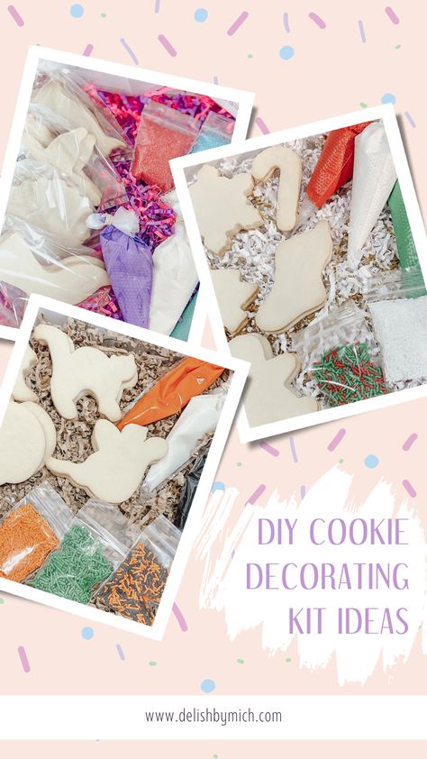 If you're looking for a fun project for the whole family, try our DIY Cookie Decorating Kits! With a variety of specially crafted sprinkles, icing, and other topping options, everyone will have a blast customizing and creating their own delicious treats. All of the ingredients are safely sealed in individual packages, making the kits easy to transport, fun to decorate with, and delicious to eat! Diy Cookie Decorating Kit, Diy Cookie Packaging, Diy Cookie Decorating, Customized Cookies, Sugar Cookie Recipe With Royal Icing, Diy Icing, Sugar Cookie Kit, Royal Icing Recipes, Treat Box Ideas