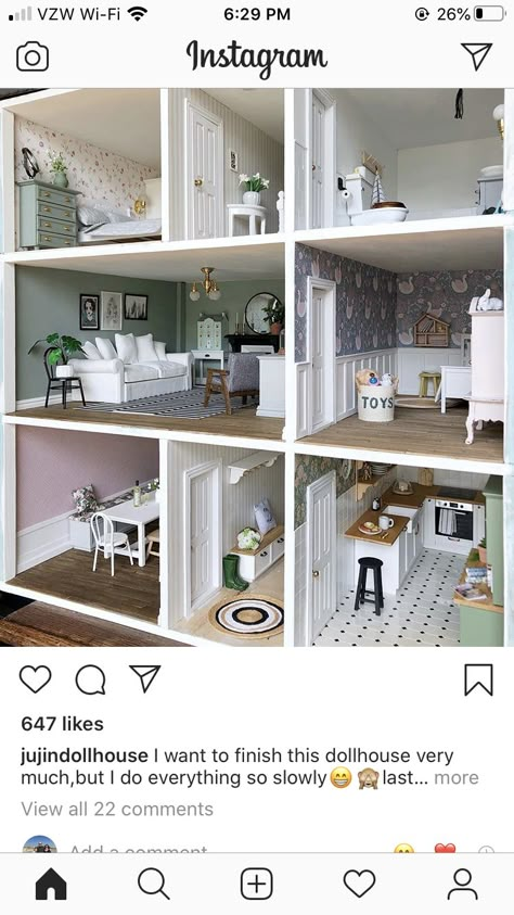 Dollhouse Layout Floor Plans, Vintage Dollhouse Makeover, Dollhouse Interior Ideas, Dollhouse Remodel, Dollhouse Study, Big Doll House, Dollhouse Makeover, Dollhouse Decorating, Dollhouse Design