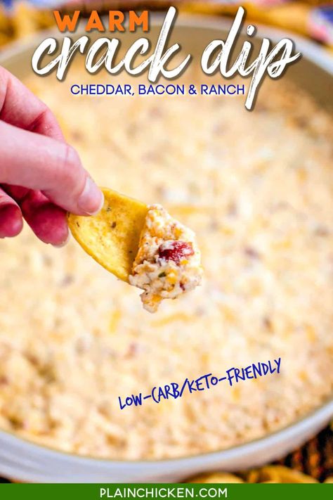 Warm Crack Dip - The ORIGINAL recipe!! Sou cream dip loaded with cheddar, bacon and ranch dip - this stuff is SO addicting! This is always the first thing to go at a party! I could make a meal out of it! Serve with Fritos and tortilla chips! Can make ahead and refrigerate before baking. #dip #partyfood #cheddar #bacon #ranch #lowcarb #keto #glutenfree Cheddar Bacon Ranch Dip, Superbowl Party Appetizers, Bacon Ranch Dip, Football Friday, Baked Dips, Thanksgiving Appetizers Easy, Cheesy Ranch, Bacon Dip, Cream Dip