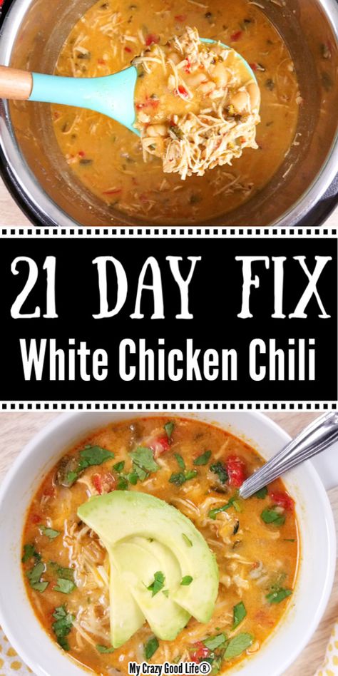 This Healthy White Chicken Chili is a bowl of comfort! It's a delicious and easy dinner that your whole family will love! You can quickly make it in your Instant Pot, the slow cooker or on the stove top!  Easy Dinner | Instant Pot | Chili | White Chicken Chili | 21 Day Fix | Weight Watchers | Healthy Dinner 21 Day Fix Chili Crockpot, 21 Day Fix Slow Cooker, 21 Day Fix Instant Pot, 21 Day Fix Chicken Crockpot Recipes, 21 Day Fix Chili Recipe, Portion Fix Chicken Recipes, 21 Day Fix Recipes Dairy Free, Beachbody Chicken Recipes, Healthy Chicken Chili Instant Pot