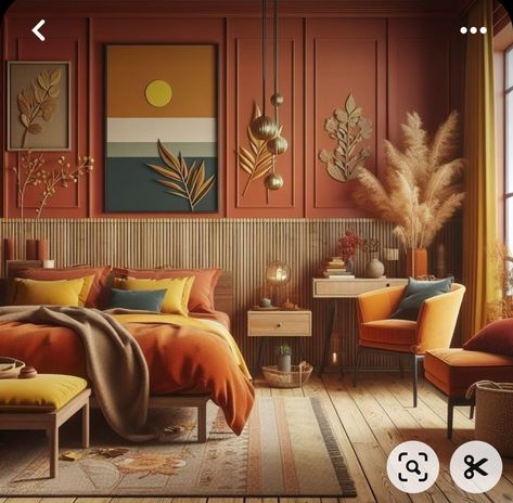 Orange Panelling Bedroom, Bedroom Design Terracotta, Orange And Gold Bedroom, Burnt Orange Living Room Walls, Orange Panelling, Orange Feature Wall, Terracota Interior, Orange Bedroom Ideas, Burnt Orange Living Room