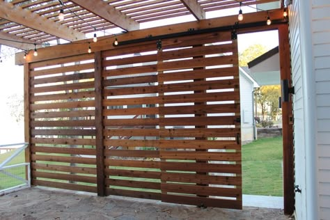 Pergola privacy screen with sliding door - Country - Patio - Dallas - by M. Parker Design | Houzz NZ Wooden Privacy Fence, Pergola Privacy, Country Patio, Door Pergola, Carport Patio, Outdoor Patio Area, Patio Privacy Screen, Farmhouse Patio, Privacy Fence Designs