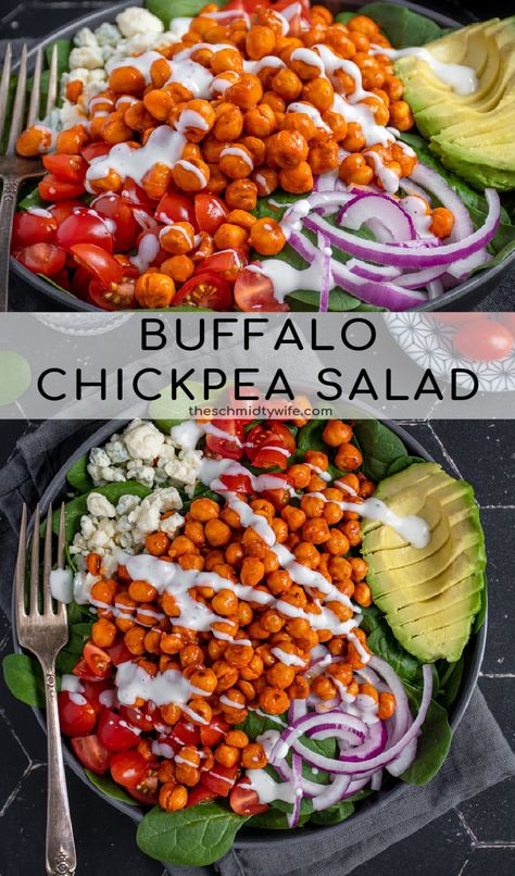 Chickpea Recipes Buffalo, Buffalo Chickpea Bowl, Buffalo Mozzarella Salad, Buffalo Chicken Chickpeas, Chickpea Lettuce Salad, Buffalo Chicken Dense Bean Salad, Arugula Chickpea Salad Recipes, Spinach Chickpea Salad, Cold Chickpea Salad