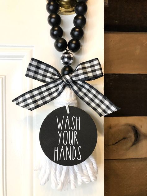 French Door Handles, Nursery Door Hanger, Door Knob Hangers, Black And White Farmhouse, Door Knob Hanger, Nursery Door, Wood Beads Diy, Doorknob Hangers, Door Signs Diy