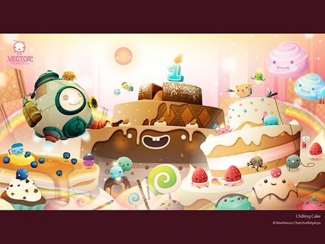 some time i want to go to cake land and eat them all. Candy Landscape, Sweet Factory, Hug Illustration, Cake Land, Rabbit Cake, Cake Illustration, Candy House, Cake Games, Candy Theme