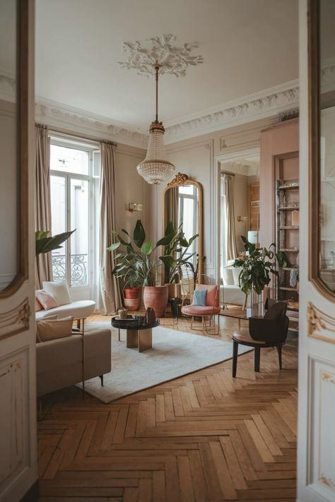 New York Townhome Interior, French Decorating Ideas Paris Apartments, Historic Apartment Interior Design, Apartments In Paris Aesthetic, Paris Aesthetic Interior, Parisian Flat Aesthetic, Paris Flat Interior, Funky Parisian Apartment, French Chic Apartment