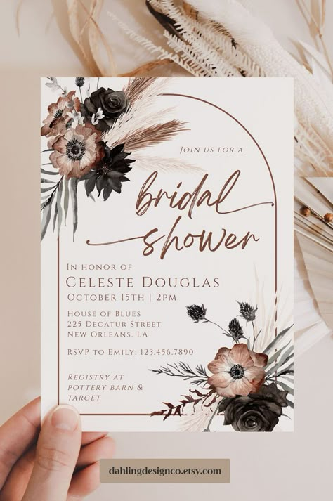 Bridal Shower Themes Boho Chic, Boho Bridal Shower Game Ideas, Vintage Boho Bridal Shower Ideas, Bridal Shower Dark Theme, Black Boho Bridal Shower Ideas, Edgy Bridal Shower Ideas, Boho Theme Bridal Shower Ideas, Fall Boho Bridal Shower Ideas, Dark Bridal Shower Theme