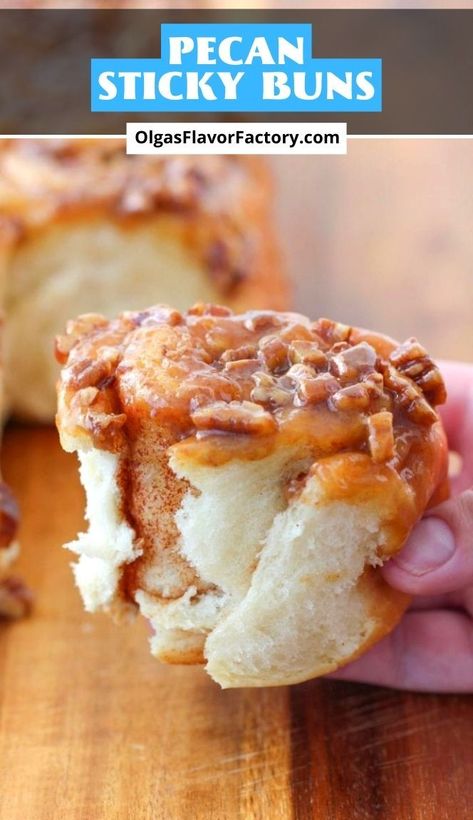 These Pecan Sticky Buns are so tender, they melt in your mouth, have a sweet cinnamon filling and a gooey, caramel glaze with crunchy pecans. They are wonderful with a glass of cold milk or a warm mug of coffee. Caramel Sticky Buns, Cinnamon Sticky Buns, Cinnamon Filling, Sticky Buns Recipes, Pecan Sticky Buns, Russian Cakes, Mug Of Coffee, Gooey Caramel, Caramel Glaze