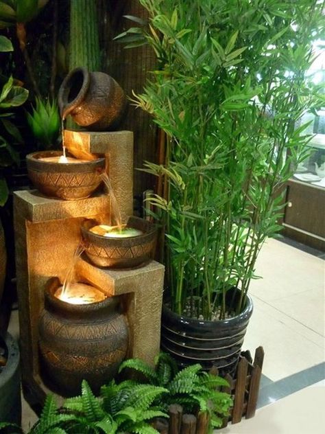 Relaxing Indoor Fountain Ideas (17) Indoor Fountain Ideas, Taman Diy, Kolam Koi, Fountain Ideas, Taman Air, Indoor Water Features, Tanaman Indoor, Jardim Diy, Tanaman Pot