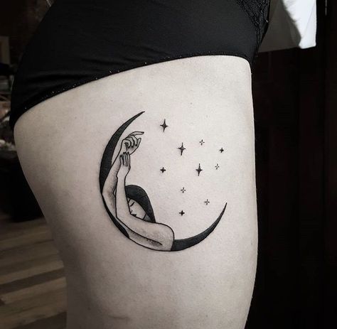 Ruled By The Moon Tattoo, Tattoos With No Shading, Sitting On Moon Tattoo, Moon Tattoos For Women, Small Words Tattoo, Luna Tattoo, Tattoo Shading, Chic Tattoo, Galaxy Tattoo