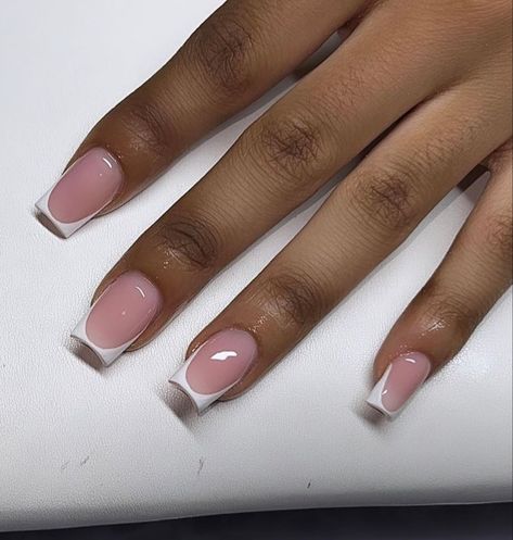 Clear Acrylic Nail Sets, Coloured Square French Tip Nails, Normal Nails Design Short, Milky Pink Nails French Tip, Small White Tip Nails, Milky Pink Gel Nails, Dipping Powder French Tip Nails, Short Deep French Tip Acrylic Nails, French Base Color