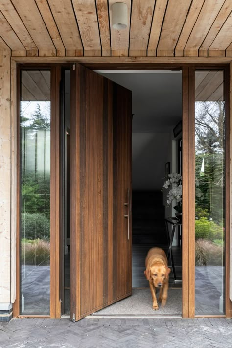 Milano V pivot doorset in Fumed Oak Big Wooden Front Door, Urban Front Doors, Solid Wood Door Design Modern, Wooden Entrance Door Design, Wood Slat Front Door, Large Wood Front Door, Dark Wood Front Door, Front Door Ideas Entrance, Pivot Front Door