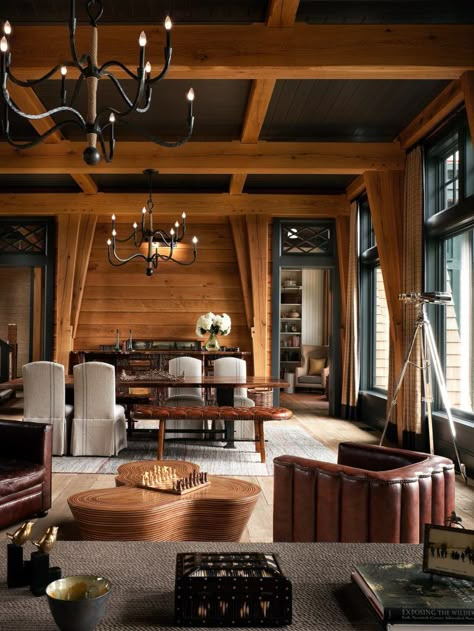 Upper Saranac Lake - Shope Reno Wharton Dining Room Design Board, Modern Mountain Lodge, Shope Reno Wharton, Modern Rustic Cabin, House Columns, Rustic Log Home, Clubhouse Design, Boutique Hotels Design, Ski Lodge Decor