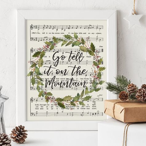 Go Tell It On The Mountain Christmas, Sheet Music Christmas Decorations, Christmas Hymns, Hymnal Page Crafts, Hymn Art Printable, Printable Checks, Hymn Print, Wreath Printable, Hymn Art