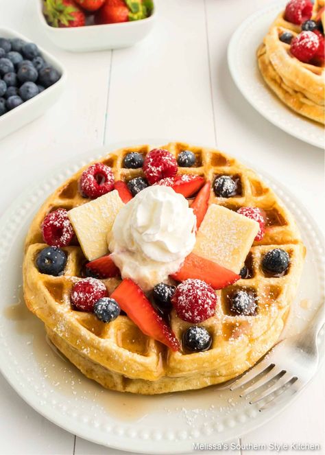 This Belgian Waffles Recipe is a stellar option for weekend breakfasts, holiday brunch or dessert topped with whipped cream and berries #waffles #belgianwaffles #wafflerecipes #holidaybrunch #breakfast #brunchrecipes Easy Belgian Waffle Recipe, Waffle Batter Recipe, Belgian Waffles Recipe, Sweet Brunch, Homemade Hot Fudge, Fried Chicken And Waffles, Waffles Recipe, Waffle Cookies, Dessert Photography