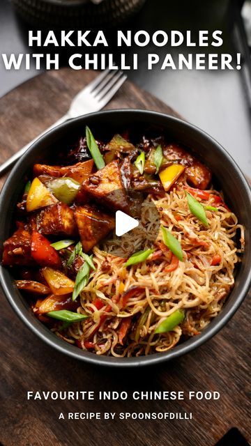 Spoons of Dilli on Instagram: "•HAKKA NOODLES WITH EASY CHILLI PANEER RECIPE•😍 Here’s how you can make one of the most famous indo chinese dishes at your home! Hakka noodles combined with semi gravy chilli paneer is so so GOOD🤤 Ingredients used are- For Hakka Noodles- Oil- 1 Tbsp Onion- 1 medium size Capsicum- 1 medium size Carrot- 1 medium size Cabbage- 1/2 medium size Bell pepper- 1/2 each (red and yellow) Boiled noodles- 1 Cup Green chillies- 1-2 pcs Vinegar- 1 Tbsp Black pepper powder- 1 Tsp Soy sauce- 1 Tbsp Salt to taste Some spring onion For chilli paneer- Shallow fry the paneer cubes by coating them in dry cornflour. Cook from both sides. In same pan, add- Whole red chillies- 2 pcs Chopped garlic and ginger- 1 Tbsp each Green chillies- 1 pc Red chilli sauce- 1 Tbsp Soy sauce- 1 Chilli Paneer Recipe, Chilli Garlic Noodles, Easy Chilli, Hakka Noodles, Chilli Paneer, Paneer Recipe, Garlic Noodles, Paneer Recipes, Pepper Powder