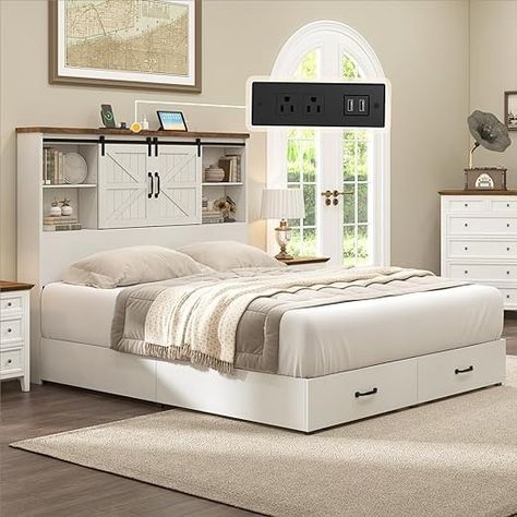 Amazon.com: HOWE King Size Wood Platform Bed Frame with 51.2" Bookcase Headboard, Storage Bed with Sliding Barn Door Charging Station 2 Drawers, No Box Spring Needed/Farmhouse/White : Home & Kitchen Barn Door Bookcase, Bookshelf Headboard, Farmhouse Bedrooms, King Size Platform Bed, Headboard With Shelves, Led Bed Frame, Bookcase Bed, Under Bed Drawers, Wood Platform Bed Frame