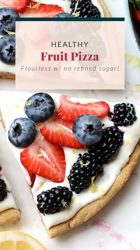 Learn how to make a healthy fruit pizza with a grain-free sugar cookie crust and a delicious lemony Greek yogurt filling — the perfect healthy treat for summer! Low Calorie Fruit Pizza, Fruit Pizza Filling, Sugar Free Fruit Pizza, Healthy Dessert Pizza, Grain Free Sugar Cookies, Healthy Fruit Pizza Recipe, Pancha Tattva, Fruit Pizza Topping, Healthy Fruit Pizza