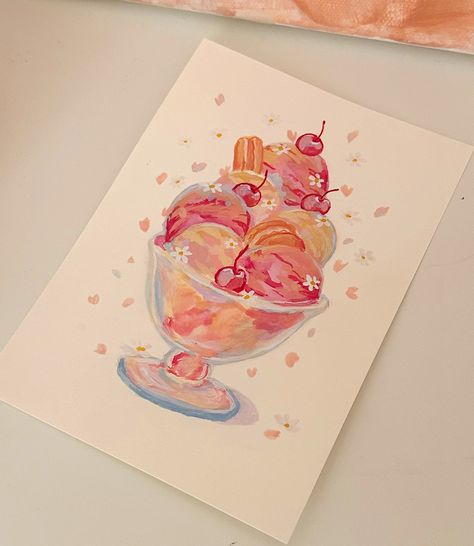 Colourful ice cream sundae topped with macaroons & cherries! 🍒🍧✨ I painted this live yesterday! 🥹 #gouachepainting #foodart #illustration #artistsoninstagram Ice Cream Sundae Drawing, Sundae Drawing, Ice Cream Draw, Ice Cream Drawings, Ice Cream Sketch, Colourful Ice Cream, Ice Cream Drawing, Cherry Drawing, Ice Cream Painting