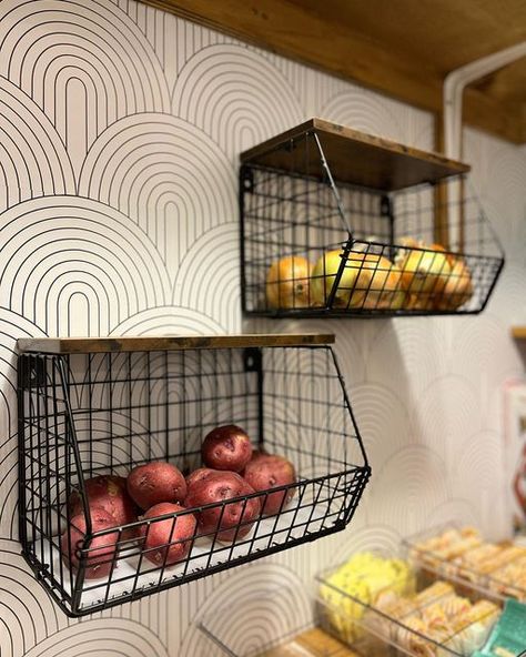 Audrey Barton/OrganizedChaos4 on Instagram: "I had this big open space on the wall of my pantry. I found these little baskets on Amazon. They filled the space and are perfect for holding my potatoes and onions. #pantry #organization #organize #food #storage #clean #potato #potatoes #kitchen #musthave #amazonfinds" Pantry Shelving Baskets, Kitchen Storage For Potatoes And Onions, Onion Garlic Potato Storage Ideas, Potato Basket Storage, Kitchen Potato And Onion Storage, Onions And Potatoes Storage, Kitchen Wall Baskets, Potatoe Storage Ideas, Produce Baskets On Wall