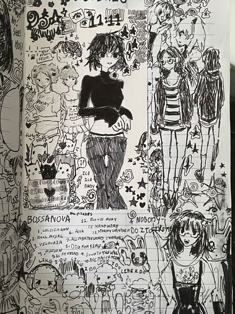 Emo Sketchbook Ideas, Sketchbook Comic Sketch, Alternative Art Drawings, Clutter Drawing, Sketch Book Aesthetic, Grunge Sketchbook, Grunge Art Style, Black Sketchbook, Sketch Page