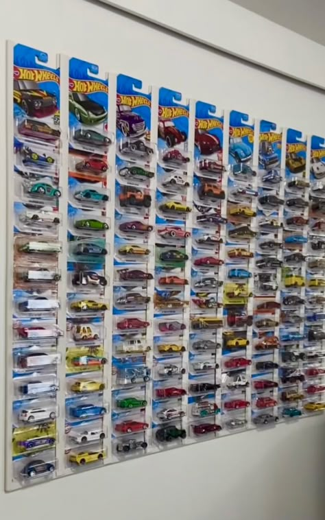 Hotwheel Car Wall Display, Ways To Display Hotwheels, Ways To Display Hotwheels In Package, Hot Wheels Wall Decor, Hot Wheel Car Display Ideas Diy, Displaying Hot Wheels Cars, Hot Wheels Display In Package, Hotwheel Shelf, Car Toys Collection