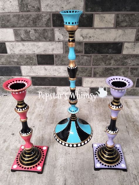 Painted Candlesticks, Tapered Candles, Metal Candlesticks, Battery Operated Candles, Painted Metal, Yellow Painting, Taper Candles, Paint Job, Metallic Paint