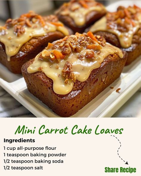 Recipes Savory Saga - 🥕🍰✨ Mini Carrot Cake Loaves 🥕🍰✨  #MiniCarrotCakeMagic 🌈 Delight in the charm of baking with our Mini Carrot Cake Loaves! Whether you're setting up for a cozy afternoon tea, searching for the perfect edible gift, or just in the mood to treat yourself, these mini loaves are a bundle of joy. Packed with the goodness of carrots, a hint of cinnamon, and topped with luscious cream cheese frosting, they're here to steal the show. Let's get baking and spread some homemade happiness! 🧡🥕🎂  Ingredients: • Cake: o 1 cup all-purpose flour o 1 teaspoon baking powder o 1/2 teaspoon baking soda o 1/2 teaspoon salt o 1 teaspoon ground cinnamon o 1/4 teaspoon ground nutmeg o 1/4 teaspoon ground ginger o 2/3 cup vegetable oil o 1/2 cup granulated sugar o 1/2 cup packed brown sug Savory Mini Loaf Pan Recipes, Mini Loaves Recipes, Loaf Ideas, Loaves Recipes, Loaf Pan Desserts, Carrot Cake Loaf Recipe, Mini Loaf Pan Recipes, Mini Cake Recipes, Christmas Treats Gifts