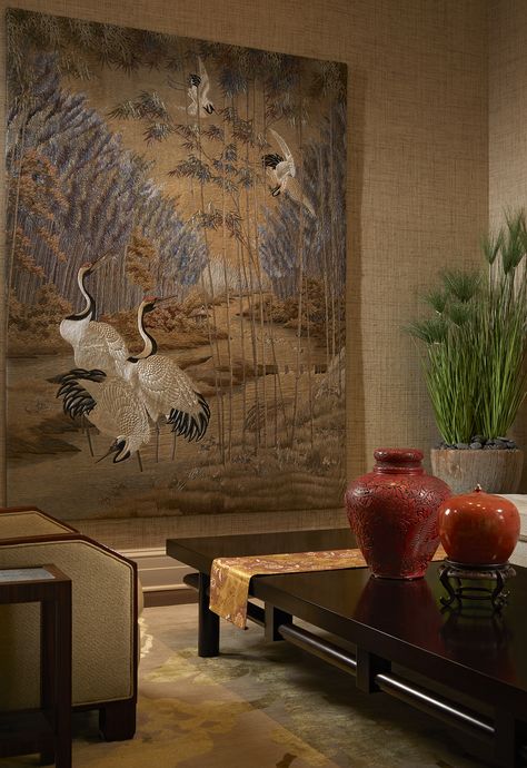 Chinese Luxury, Chinese Home Decor, Crane Wallpaper Dining Room, Crane Mural, Wallpaper With Cranes, Japanese Cranes Wallpaper, Chinese Crane Painting, Chinese Living Room, Modern Asian Decor