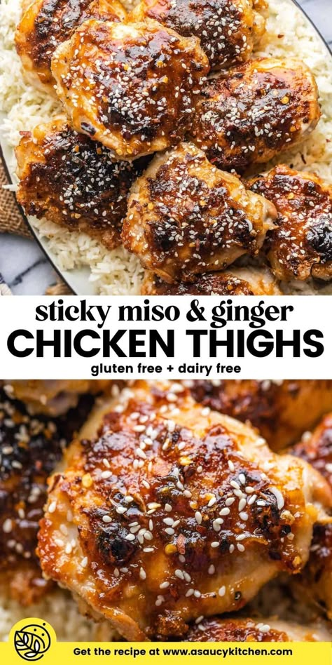 Looking for another easy weeknight meal to perk up your plate? Try these baked, ginger Miso Chicken Thighs: Juicy chicken coated in a sweet and sticky umami packed glaze! Gluten Free + Dairy Free Sticky Ginger Chicken, Clean Chicken Thigh Recipes, Miso Glazed Chicken, Miso Chicken Thighs, Miso Recipe, Miso Chicken, Ginger Miso, Ginger Chicken, Cheap Meal Ideas