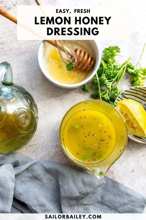 Zesty, sweet and citrusy Lemon Honey Dressing is versatile, easy to make and elevates any salad. Ready in 10 minutes.  via @sailor_bailey Lemon Honey Dressing, Honey Salad Dressing, Lemon Salad Dressings, Sailor Bailey, Lemon Vinaigrette Dressing, Parmesan Crusted Potatoes, Healthy Dressing, Lemon Salad, Honey Dressing