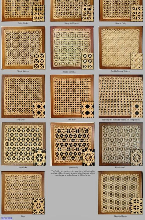 Caning sample patterns Cane Furniture, Woven Furniture, Bamboo Crafts, Bamboo Weaving, Diy Headboard, Furniture Details, Rattan Furniture, Weaving Patterns, Basket Weaving