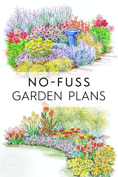 You won't have to worry about dragging the hose to water this garden during the summer. This easy-to-care-for garden plan is stocked with heat- and drought-tolerant plants such as sedum, feather reedgrass, and euphorbia. #gardenplans #gardenplanslayout #gardenlayout #project #printablegardenplan #landscape #bhg Flower Garden Layouts, Perennial Garden Plans, Flower Garden Plans, Garden Plan, Backyard Flowers, Decor Eclectic, Garden Design Layout, Garden Wallpaper, Flower Garden Design