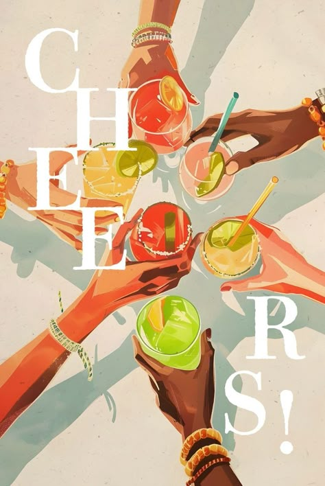 Cheers! Bar Cart Photo Wall, Bar Cart Art Printable, Drinks Illustration Art, Trendy Wall Art Printable, Cheers Wall Art, Drink Art Illustration, Drink Illustration Graphics, Painted Cocktails, Party Illustration Art