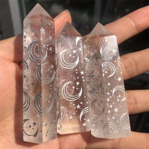 Spirit of the Moon Crystal Tower: Natural Crystal Pillar Hexagonal Patterned Crystal Moon Engraving, Quartz Candle Holder, Crystal Pillar, Quartz Lamp, Crystal Wands, Healing Wands, Rose Quartz Jewelry, Raw Rose Quartz, Work Efficiency