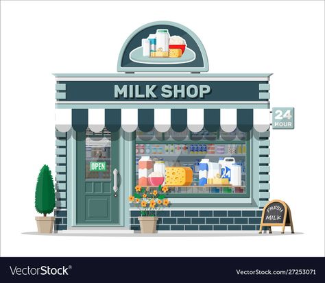 Store Facade, Farm Products, Deli Counter, Food Cart Design, Milk Shop, Milk And Cheese, Flat Vector Illustration, Shop Illustration, Farm Shop