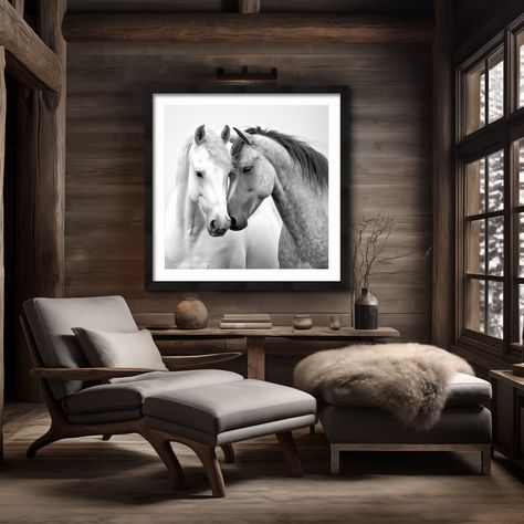 This Square framed black & white portrait photograph of two horses defines love. This ready to hang, square wall decor is the perfect piece for any western, southwestern, or bohemian home.  It will make make a bold, western statement on it's own or as part of a gallery wall. Add a modern touch of rodeo art to your apartment, office, Air B&B, or lodge.  ABOUT THIS WORK: Love is everything you want to say and do... not thinking, just being... soft, strong, wild and free... just you and me. -a stal Southwest Bedrooms, Modern Southwest Bedroom, Woman On Horse, Modern Country Bedrooms, Ranch Style Decor, Horses Wall Art, Ranch House Decor, Chic Bedroom Decor, Decor Black And White