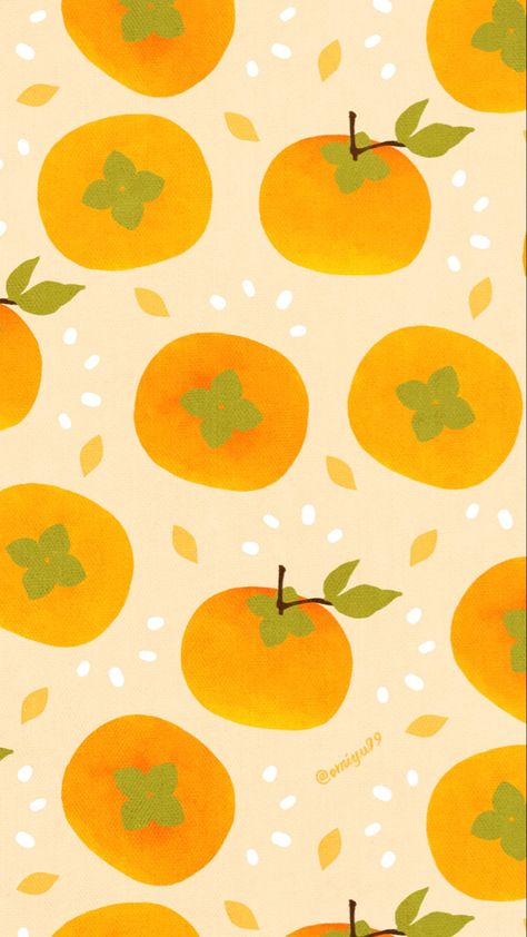 Full credit to the owner of this art @omiyu99 on twitter Orange Kawaii Wallpaper, Persimmon Art, Computer Theme, Fauna Illustration, 달력 디자인, Food Wall Art, Fruit Wallpaper, Fruit Pattern, Animation Design