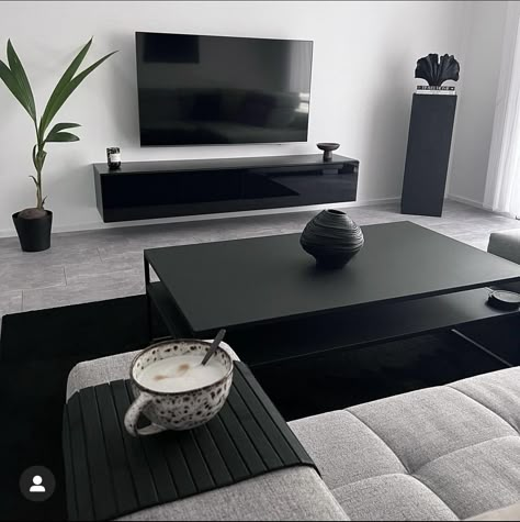 Black Minimalist Living Room Modern, Monotone Apartment, Minimalist Apartment Black, Minimalist Bedroom With Black Furniture, Ultra Minimalist Interior, Small Black Apartment Aesthetic, Black White Grey Interior, Modern Black Apartment Aesthetic, Modern Minimalist Interior Design Living Room Apartment