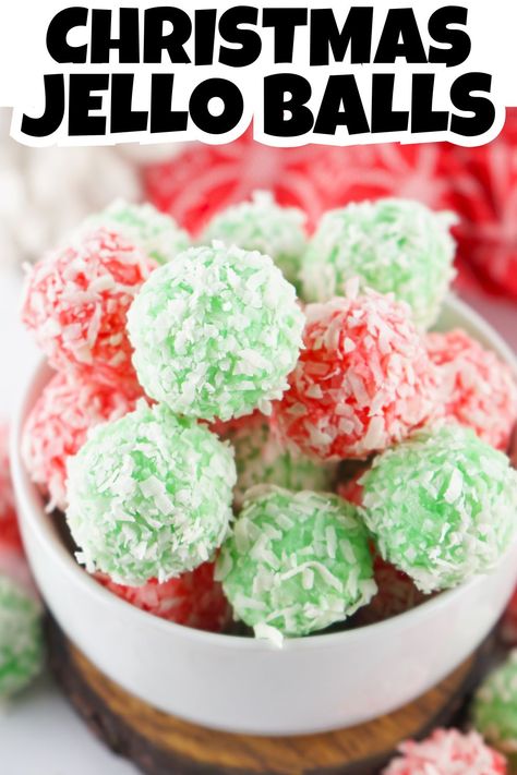 Ovehead view of red and green coconut covered Jello balls. Christmas Vacation Jello Mold Recipe, Leftover Jello Ideas, Christmas Jello Balls, Jello Recipes Christmas, Jello Balls, Pineapple Balls, Christmas Jello, Jello Flavors, Green Jello