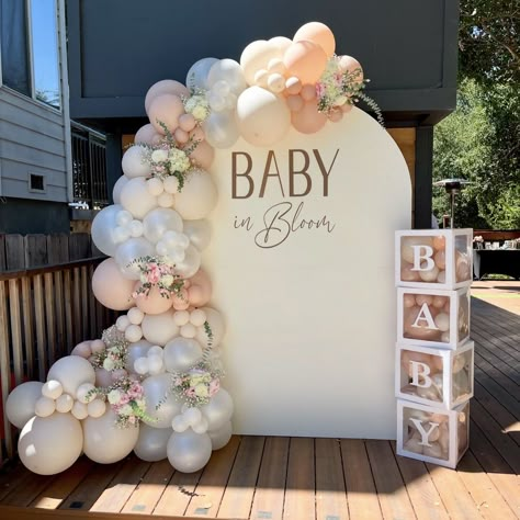 Baby In Bloom Balloon Backdrop, Balloon Arch With Baby Breath, Baby In Bloom Shower Balloon Arch, Baby In Bloom Arch Backdrop, Baby In Bloom Baby Shower Backdrop, Simple Baby In Bloom Shower Ideas, Baby In Bloom Arch, Simple Gender Reveal Decor, Spring Floral Baby Shower Ideas