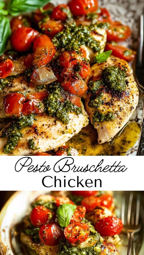 This pesto bruschetta chicken combines the savory flavors of pesto and fresh tomatoes with tender chicken for a delicious Mediterranean-inspired meal. Quick to prepare, it’s perfect for fall and makes a satisfying and healthy dinner. Pesto Stuffed Chicken Recipes, Chicken And Pesto Recipes Healthy, Meal Prep Pesto Chicken, Pesto Chicken Thigh Recipes, Pesto Marinated Chicken, Recipes With Pesto Healthy, Medditeranean Chicken, Pesto Chicken Healthy, Chicken Back Recipe