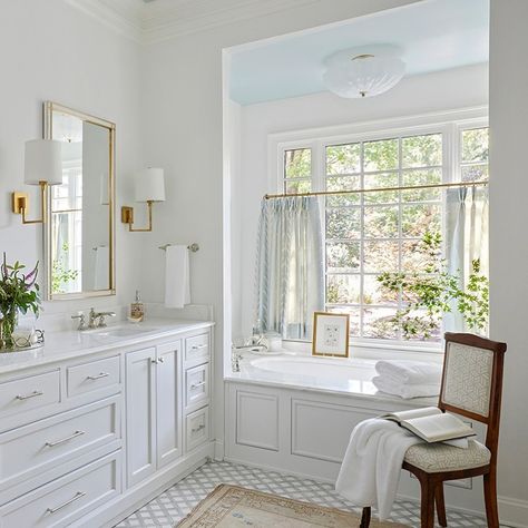 Birmingham Home & Garden (@birminghamhomeandgarden) • Instagram photos and videos Tub In Front Of Window, Built In Tub Master Bath, Southern Bathroom, English Country Bathroom, Bathroom Counter Decor, Bubble Baths, Primary Ideas, Brass Sconces, Cottage Bathroom