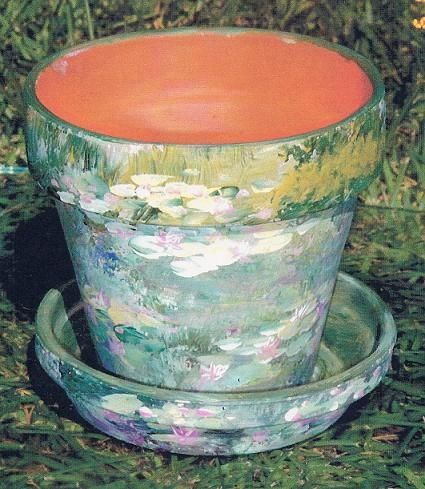 POSSIBILITIES, etc.!: Painting Monet - More Buried Treasure Monet Ceramics, Plant Pot Painting Ideas Aesthetic, Decorating Plant Pots, Clay Pot Painting Ideas, Clay Pot Ideas, Fairy Garden Aesthetic, Terracotta Pots Painted, Painting Monet, Fairy Pots