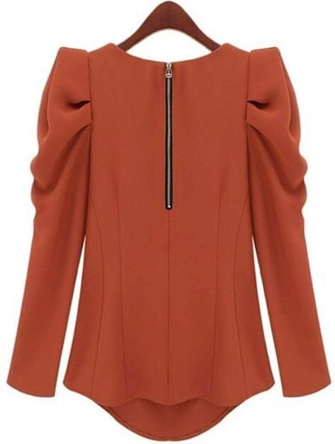 Orange Long Sleeve Alice Shoulder Zipper Blouse | SHEIN Zipper Blouse, Slim Blouse, Designer Kurti Patterns, Orange Long Sleeve, Trendy Fashion Tops, Fashion Attire, Women Blouses, Hijab Style, Trendy Tops