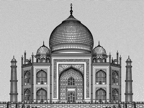 The Taj, Agra by Joe White Monuments Drawing, Taj Mahal Illustration, Taj Mahal Sketch, Palace Drawing, Taj Mahal Drawing, Taj Mahal Art, India Palace, Architecture Drawing Sketchbooks, Perspective Drawing Architecture