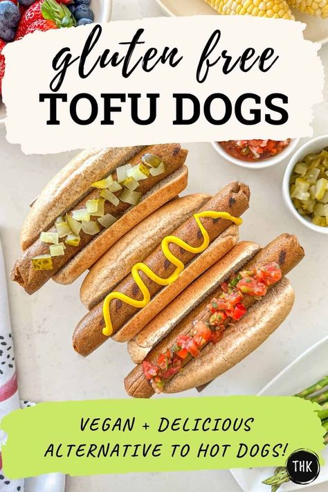 Smoky, flavourful tofu hot dogs that are perfect for BBQ season. Tofu Hot Dogs, Gluten Free Tofu, Gluten Free Hot Dogs, Vegetarian Hot Dog, Vegan Burger Patties, Veggie Hot Dog, Vegetarian Burger Recipe, Yummy Nummies, Vegan Bbq Recipes