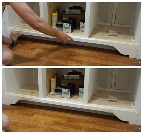 Adding decorative toe-kick on cabinet Kitchen Cabinet Legs Diy, Kitchen Cabinet Toe Kick Ideas, Toe Kick Ideas, Entry Drop Zone, Repainting Cabinets, Cabinet Toe Kick, Toe Kick Drawer, Diy Kitchen Cupboards, Kitchen Cabinet Style